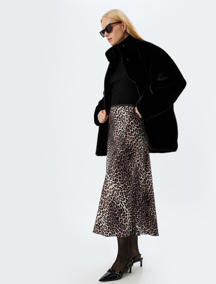  Slim Fit A Kesim Leopar Desenli Uzun Saten Etek