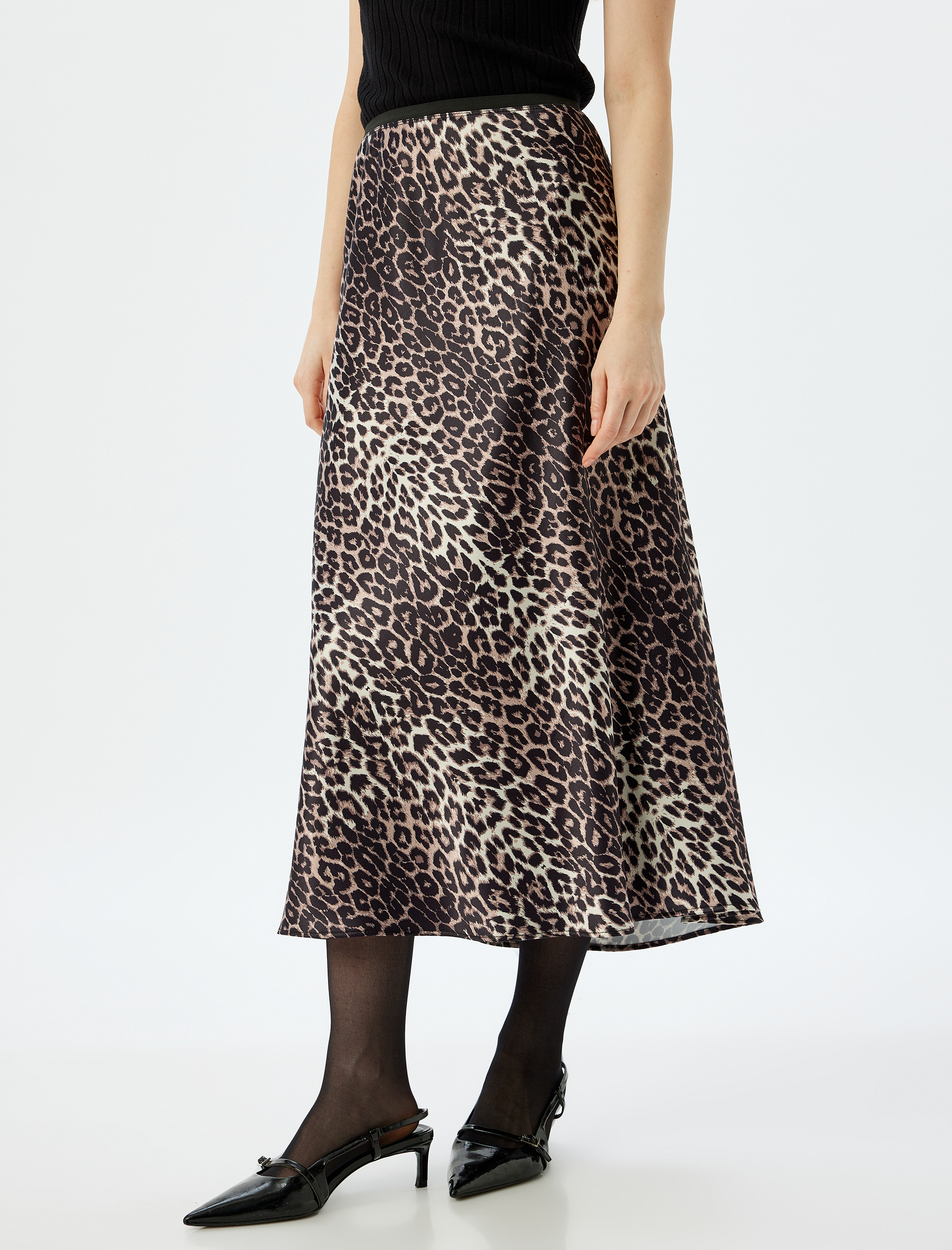   Slim Fit A Kesim Leopar Desenli Uzun Saten Etek