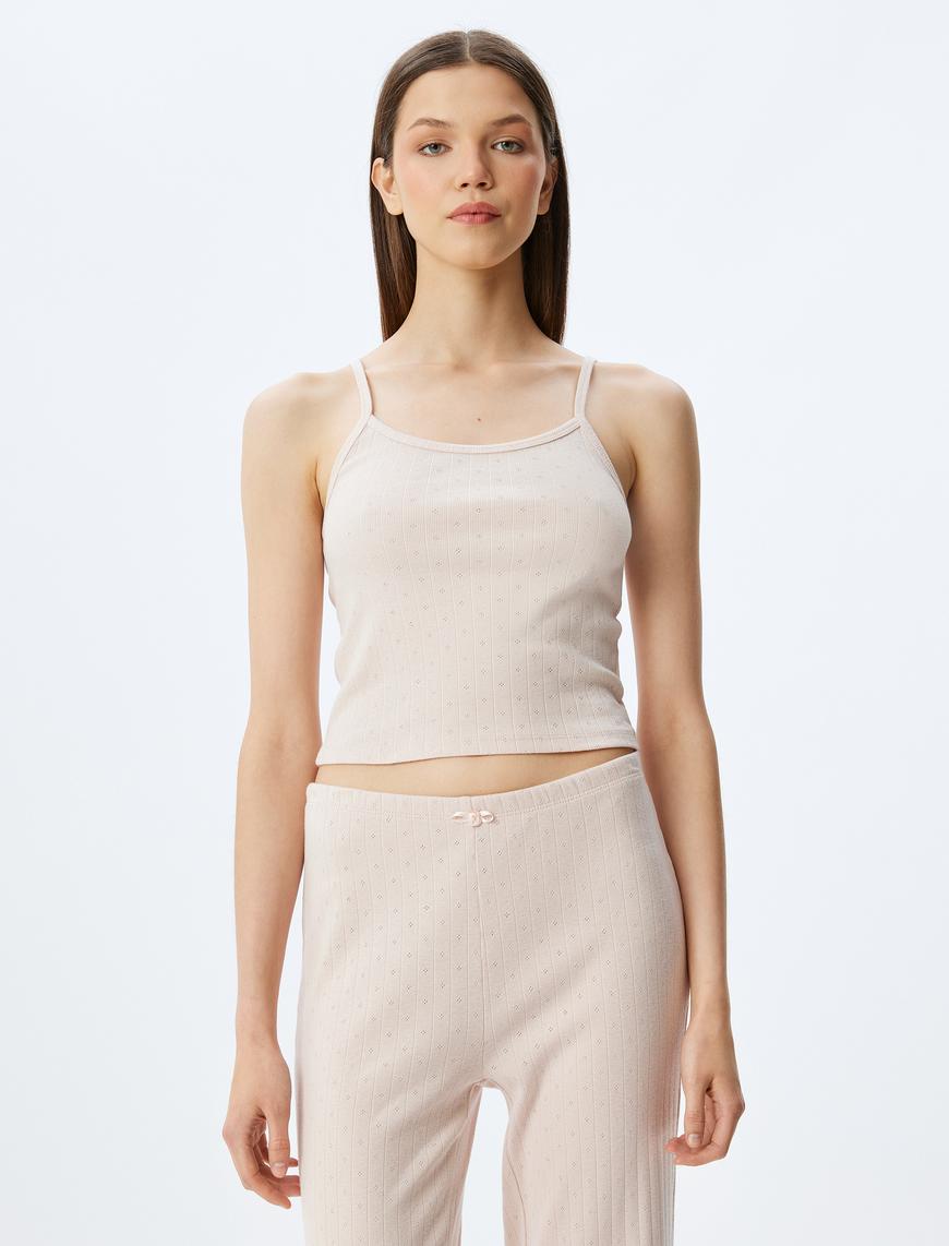   Pamuklu Örme Crop Askılı Pijama Üstü