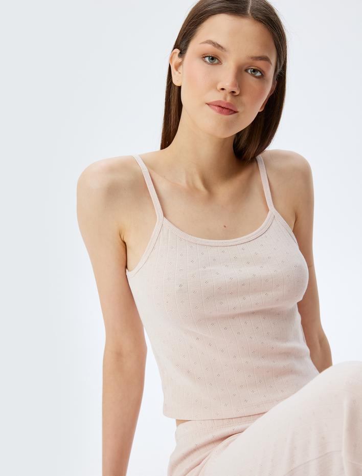  Pamuklu Örme Crop Askılı Pijama Üstü