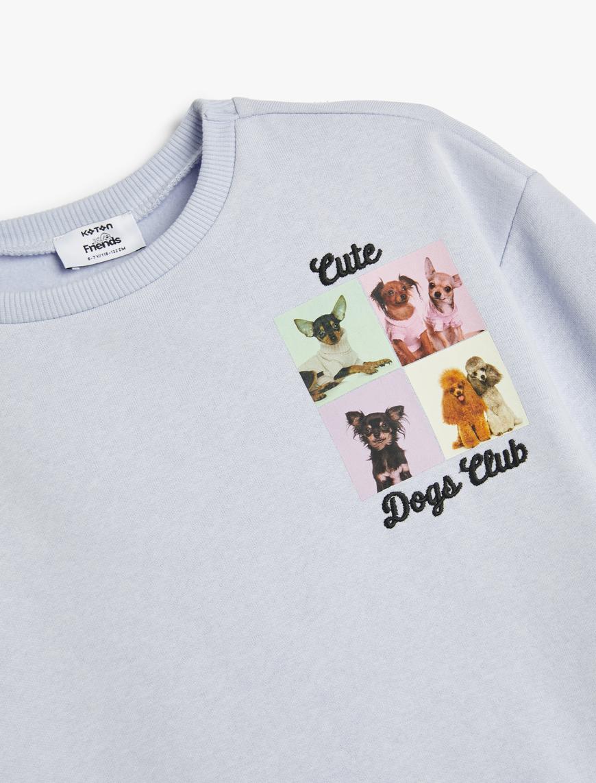  Kız Çocuk Sweatshirt Köpek Baskılı Bisiklet Yaka Uzun Kollu Şardonlu