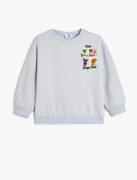 Sweatshirt Köpek Baskılı Bisiklet Yaka Uzun Kollu Şardonlu