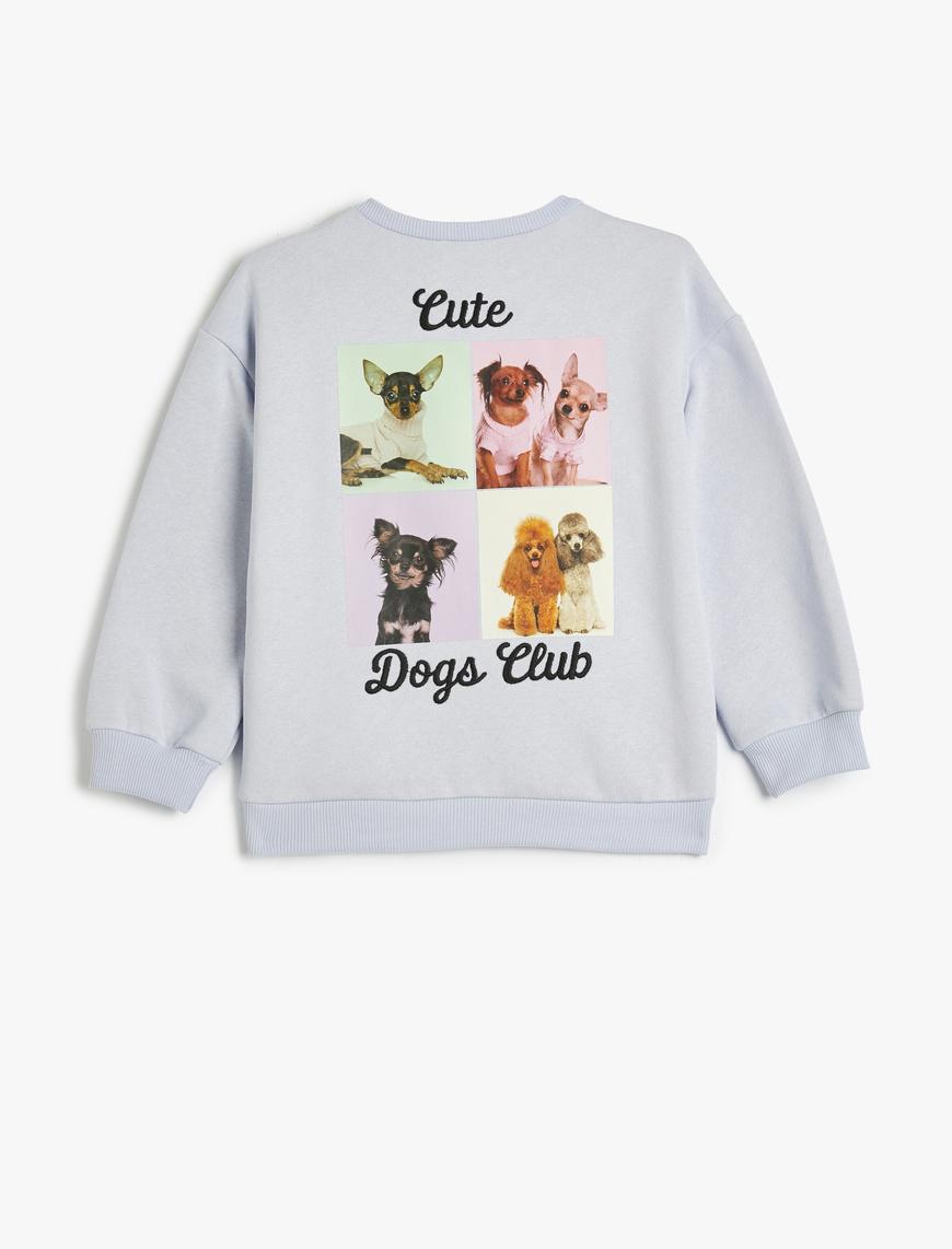  Kız Çocuk Sweatshirt Köpek Baskılı Bisiklet Yaka Uzun Kollu Şardonlu