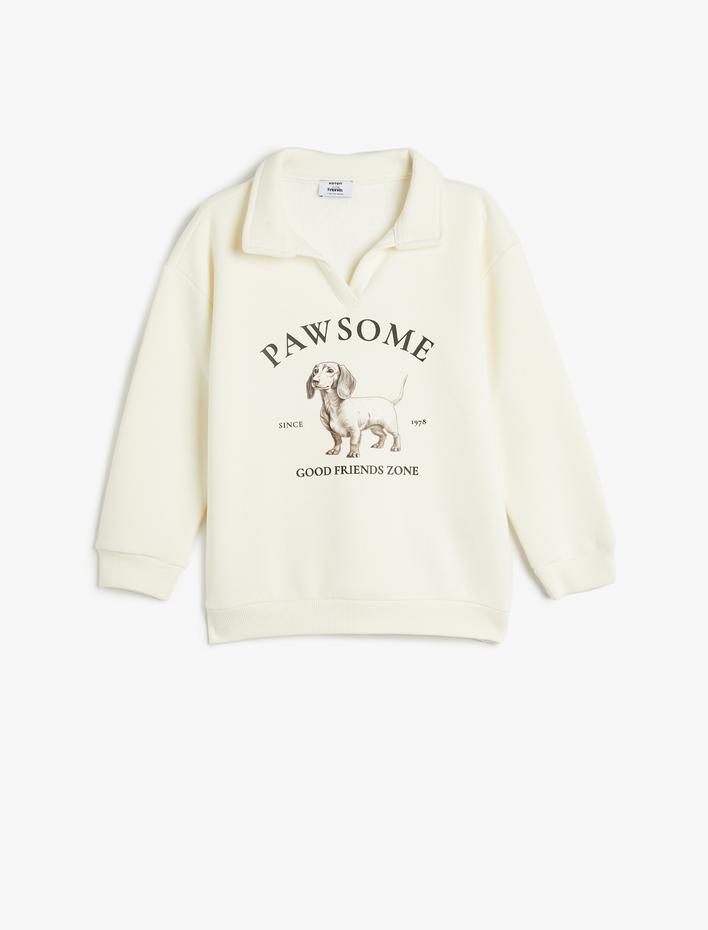 Erkek Çocuk Polo Yaka Sweatshirt Köpek Baskılı Uzun Kollu Şardonlu