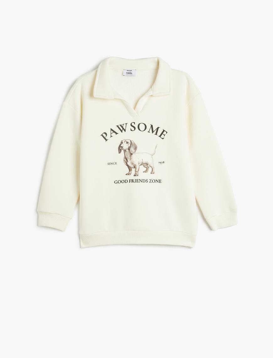 Erkek Çocuk Polo Yaka Sweatshirt Köpek Baskılı Uzun Kollu Şardonlu