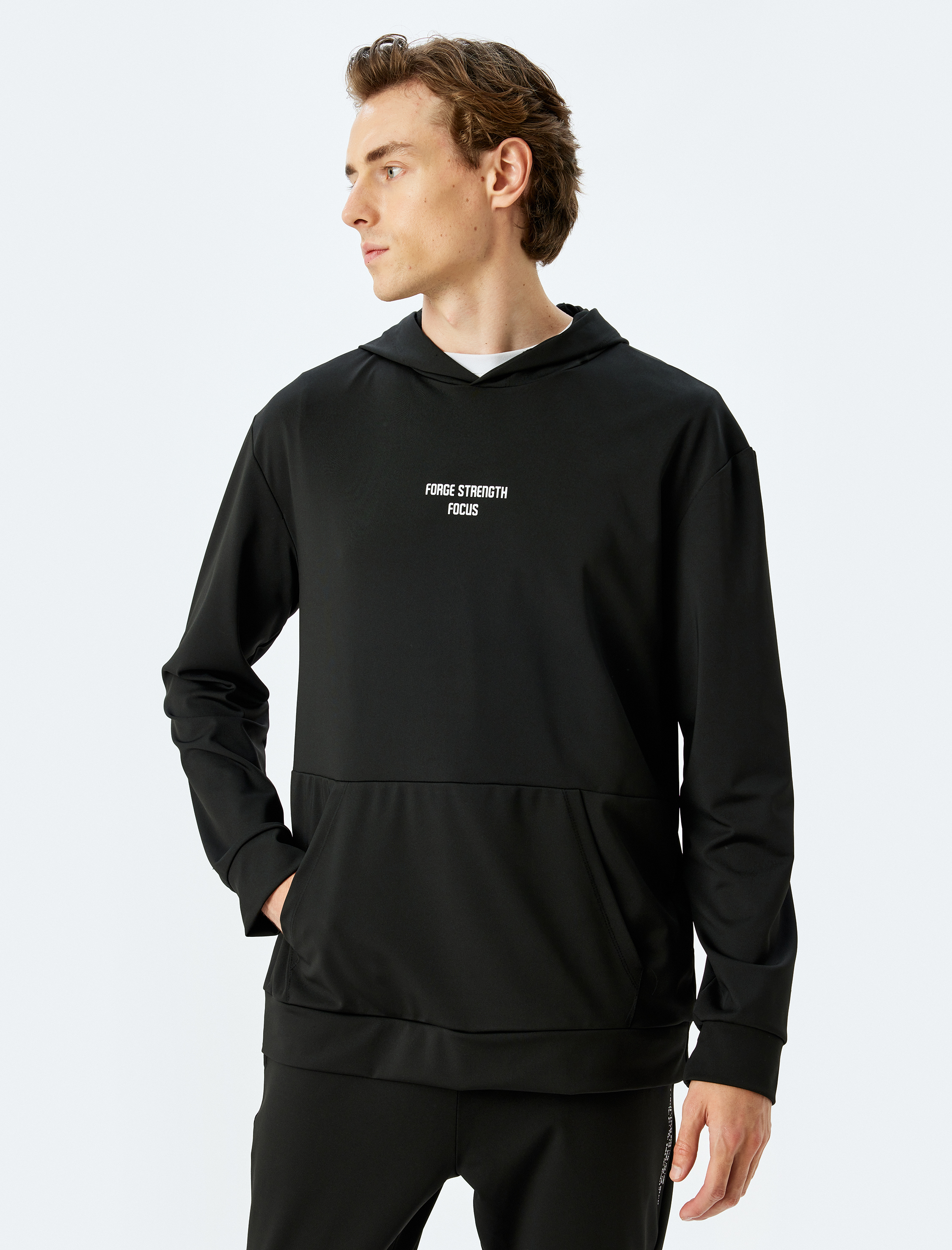   Kapşonlu Slogan Baskılı İnterlok Kumaş Spor Sweatshirt