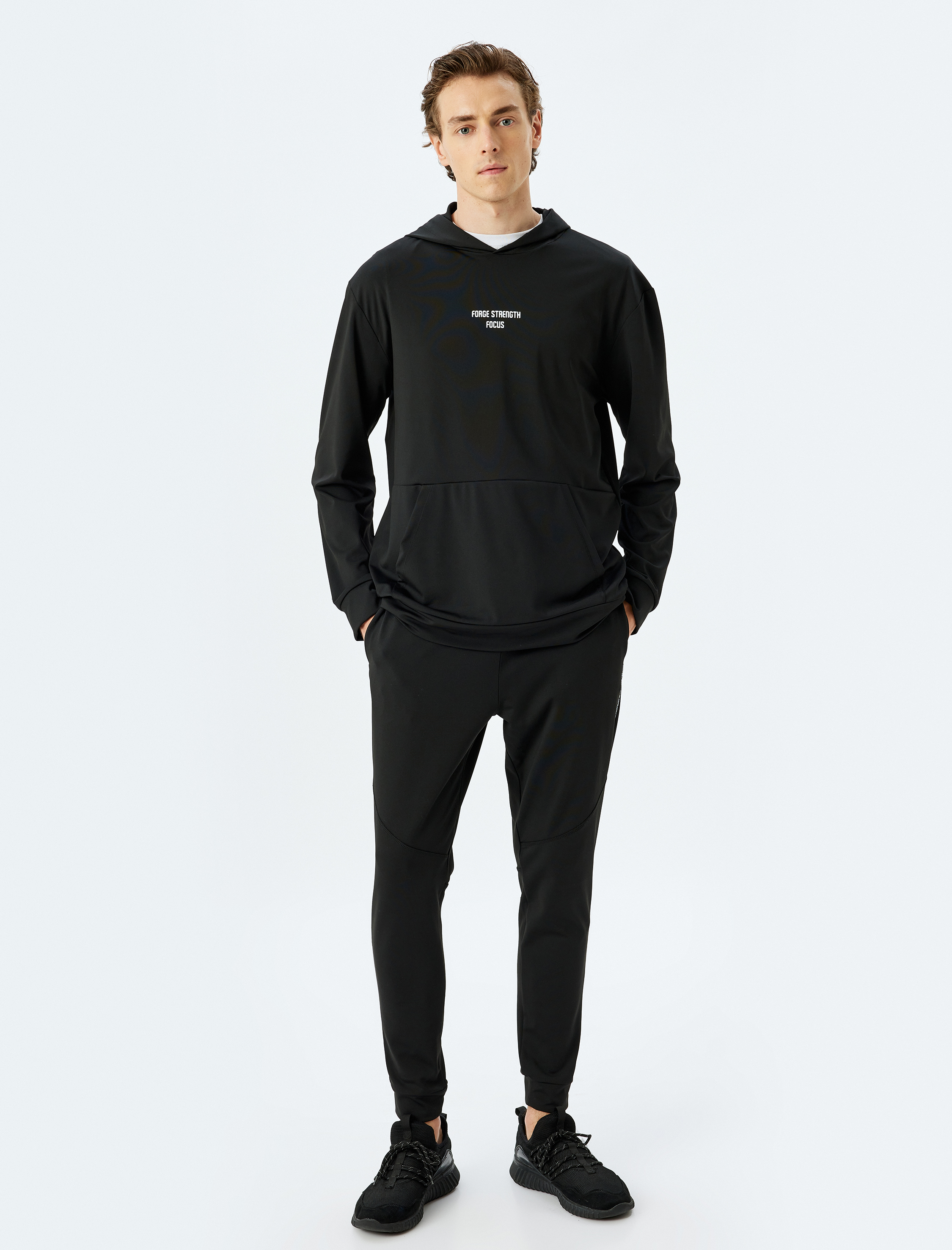   Kapşonlu Slogan Baskılı İnterlok Kumaş Spor Sweatshirt