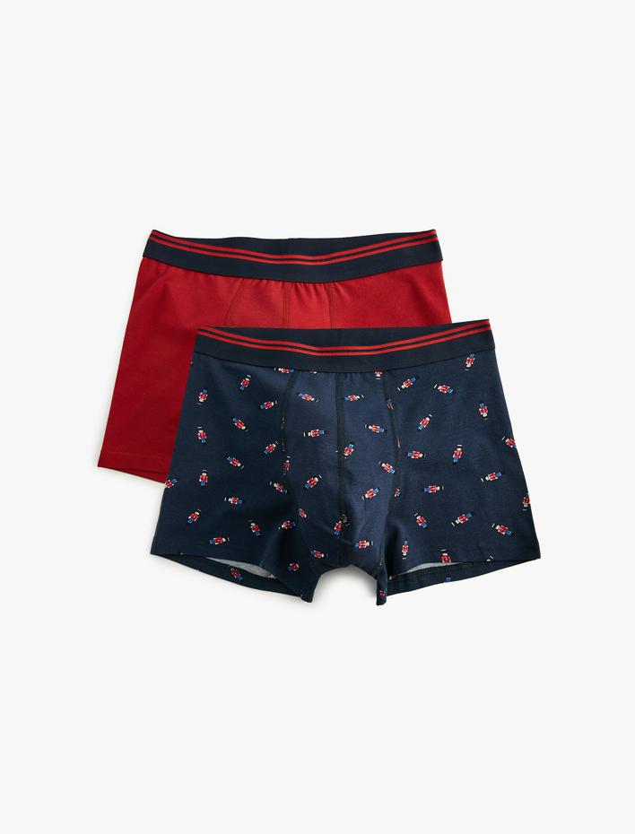  Yılbaşı Temalı Baskılı Skinny Fit Pamuklu 2'li Boxer Seti