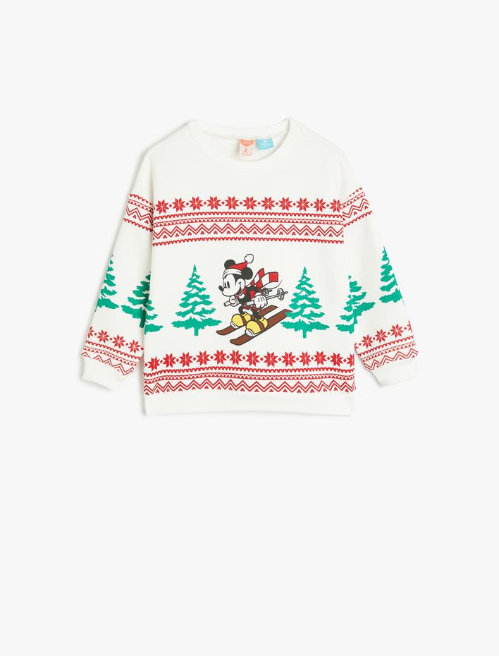 Erkek Bebek Mickey Mouse Baskılı Pamuklu Şardonlu Uzun Kollu Sweatshirt