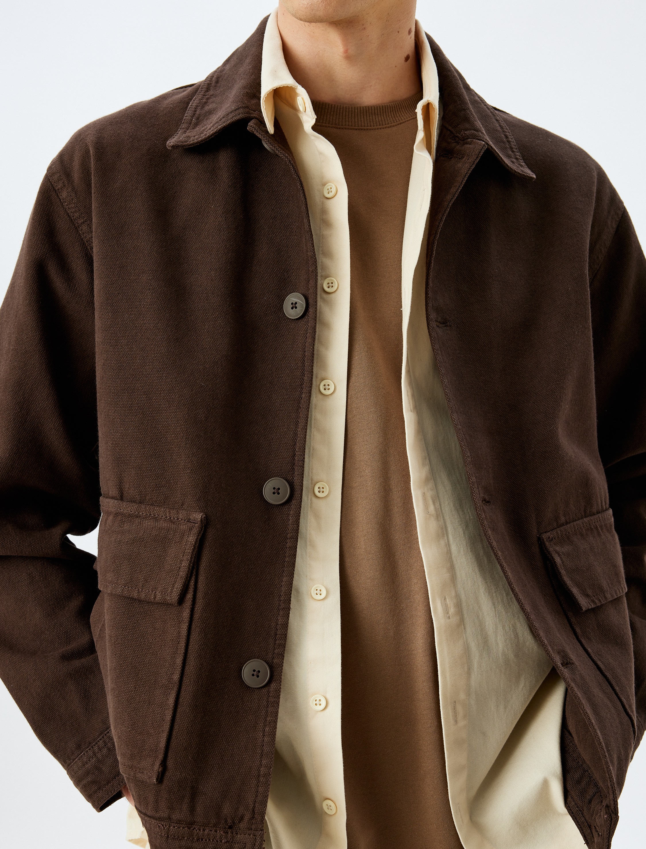   Düğmeli Kanvas Kumaş Cep Detaylı Pamuklu Gömlek Ceket