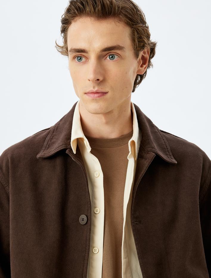  Düğmeli Kanvas Kumaş Cep Detaylı Pamuklu Gömlek Ceket