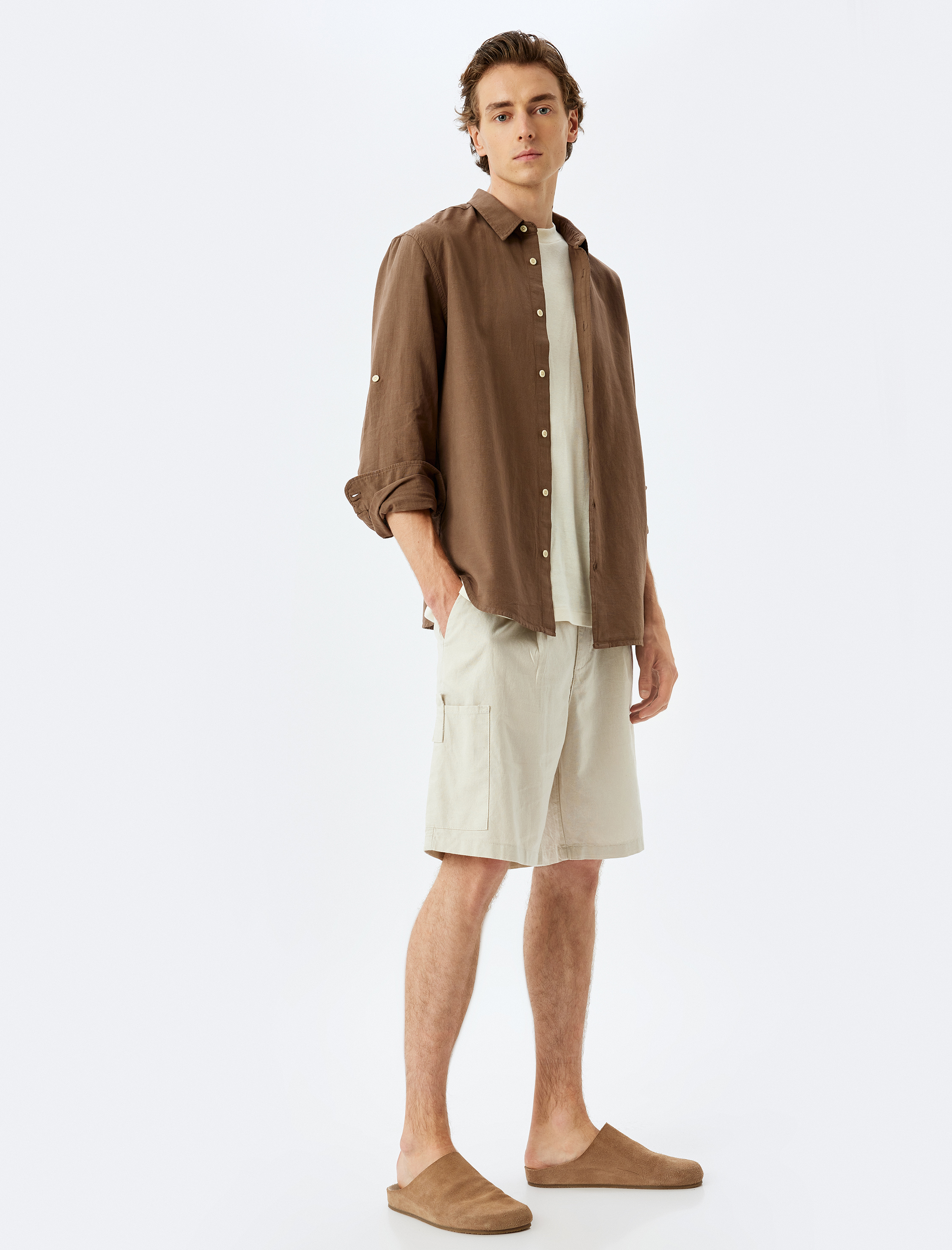   Keten Karışımlı Şort Yazlık Bermuda Chino Cep Detaylı