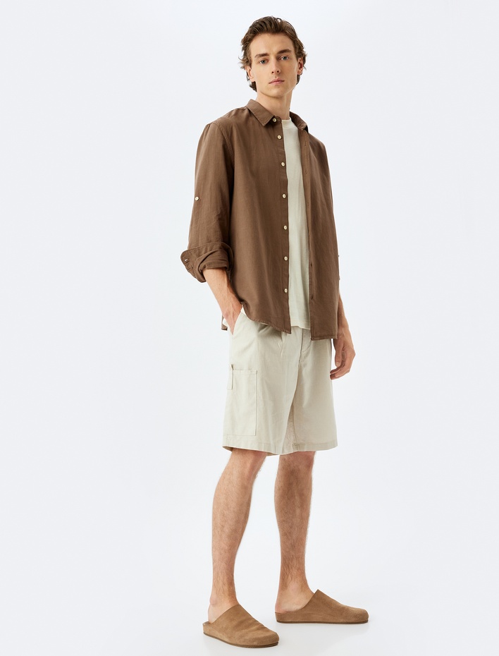  Keten Karışımlı Şort Yazlık Bermuda Chino Cep Detaylı