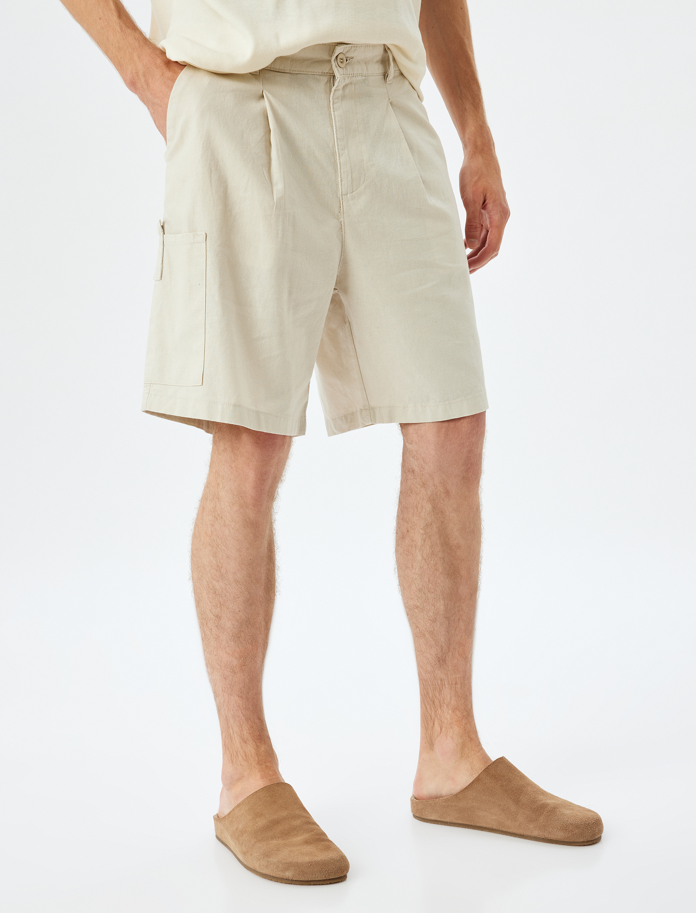   Keten Karışımlı Şort Yazlık Bermuda Chino Cep Detaylı