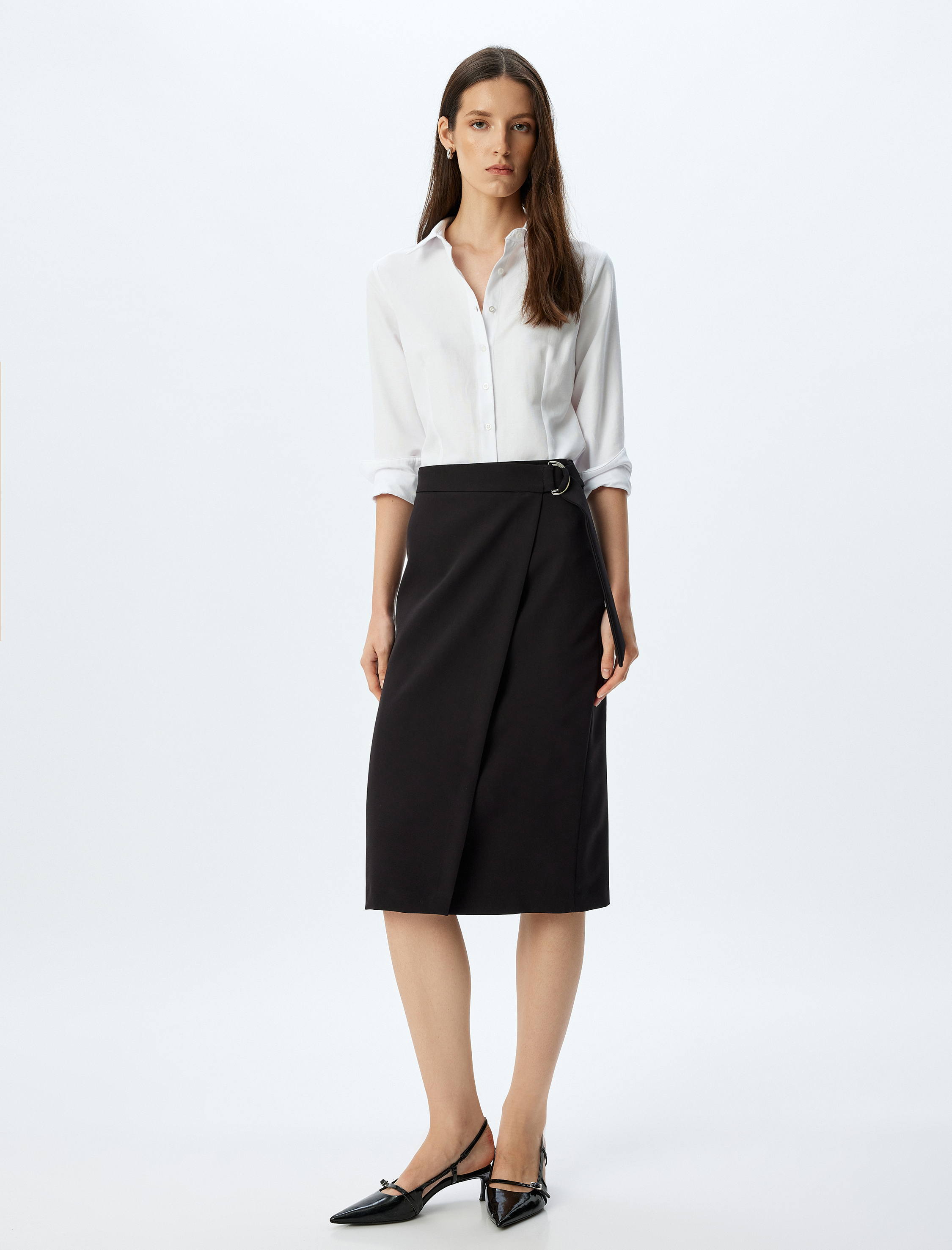   Kuşak Detaylı Midi Boy Kruvaze Etek