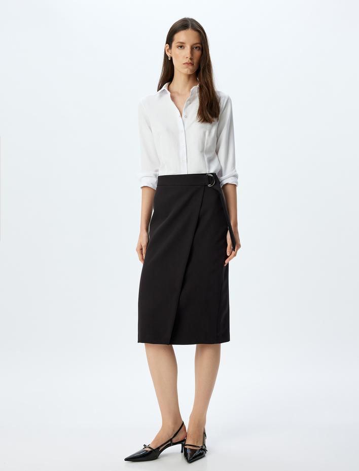  Kuşak Detaylı Midi Boy Kruvaze Etek