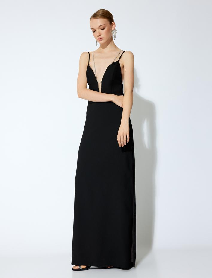  Koton X Sibil Çetinkaya - V Yaka Taşlı İp Askılı Sırtı Bağcıklı Yırtmaçlı Uzun Abiye Elbise