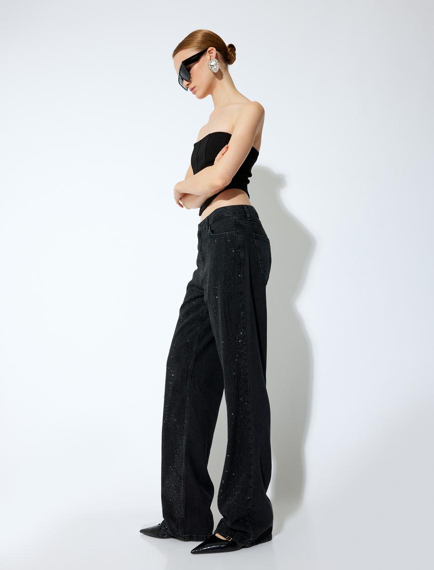   Koton X Sibil Çetinkaya - Taşlı Düğmeli Düz Paça Kot Pantolon - Straight Fit Jean