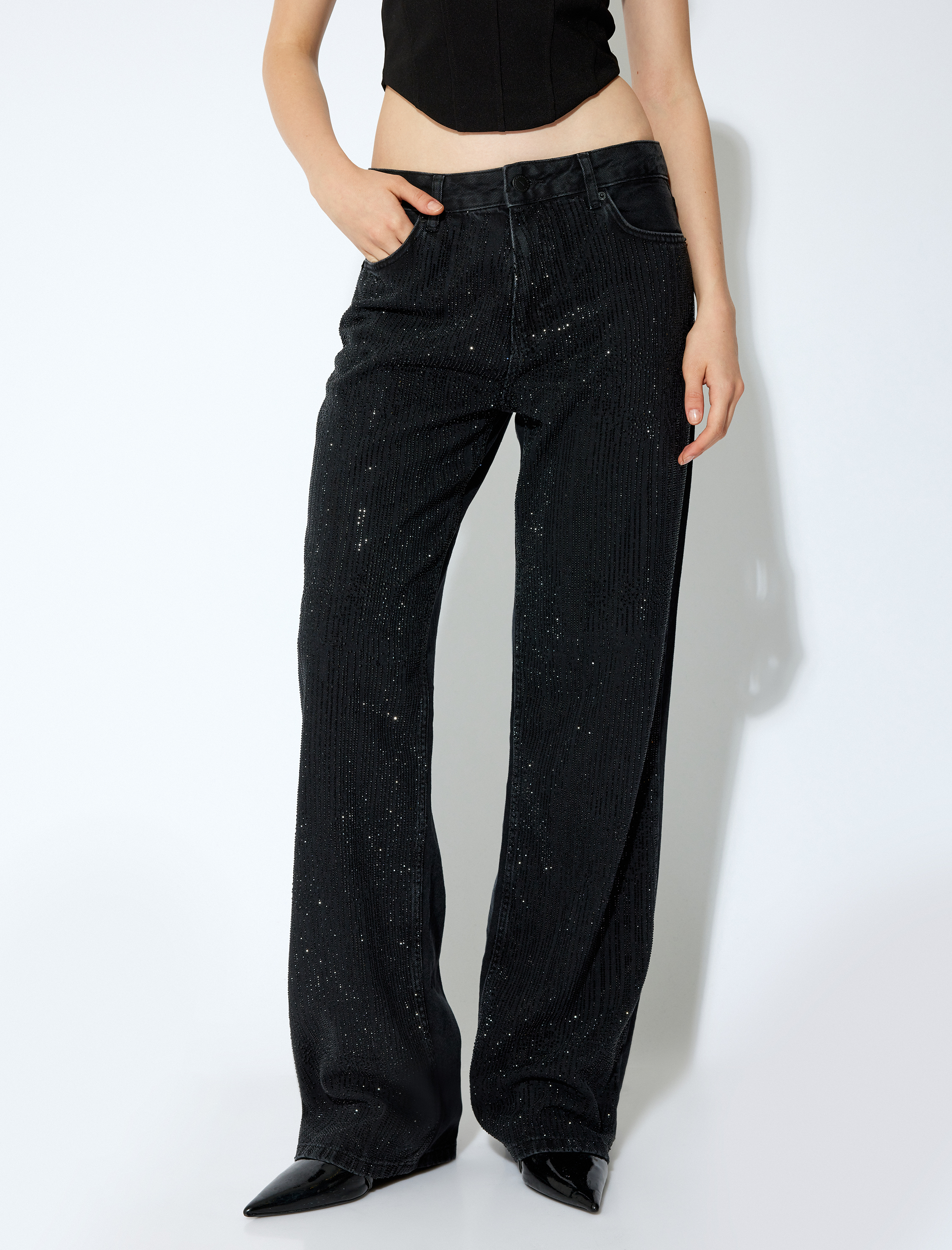   Koton X Sibil Çetinkaya - Taşlı Düğmeli Düz Paça Kot Pantolon - Straight Fit Jean