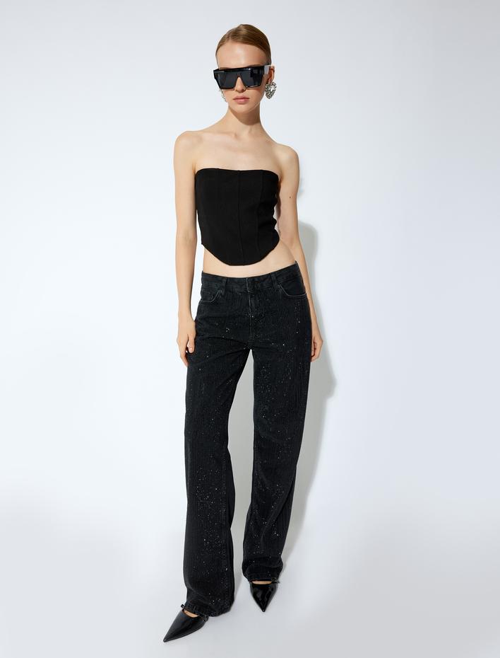  Koton X Sibil Çetinkaya - Taşlı Düğmeli Düz Paça Kot Pantolon - Straight Fit Jean