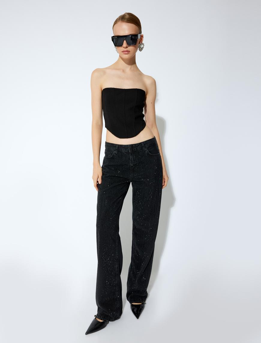   Koton X Sibil Çetinkaya - Taşlı Düğmeli Düz Paça Kot Pantolon - Straight Fit Jean