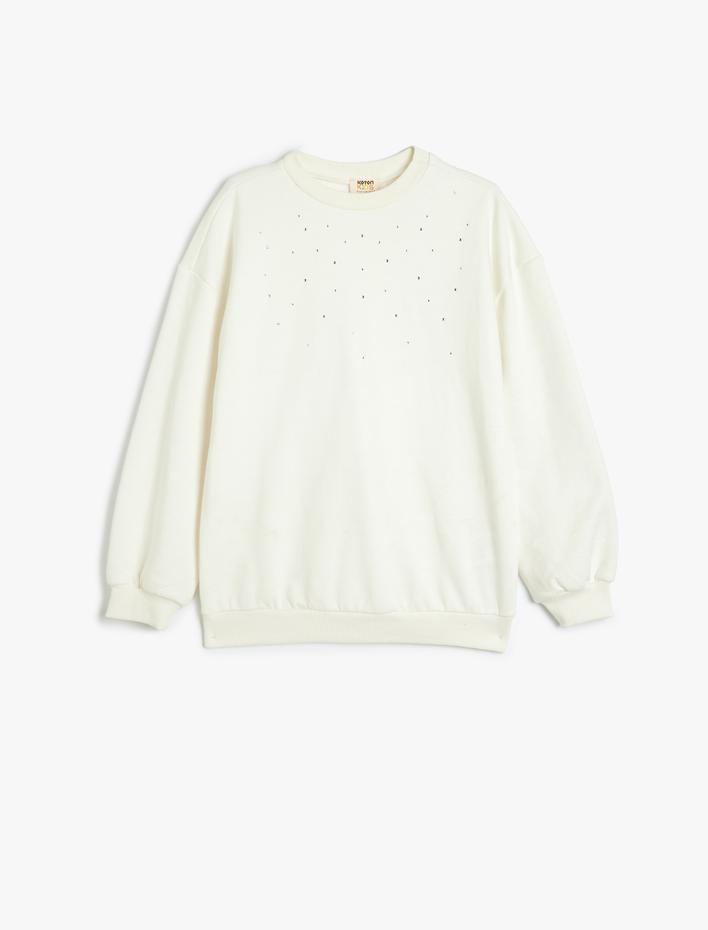 Kız Çocuk Sweatshirt Taş Detaylı Bisiklet Yaka Uzun Kollu Şardonlu