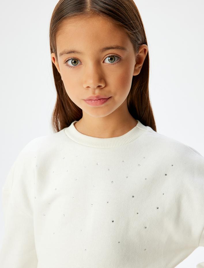 Kız Çocuk Sweatshirt Taş Detaylı Bisiklet Yaka Uzun Kollu Şardonlu