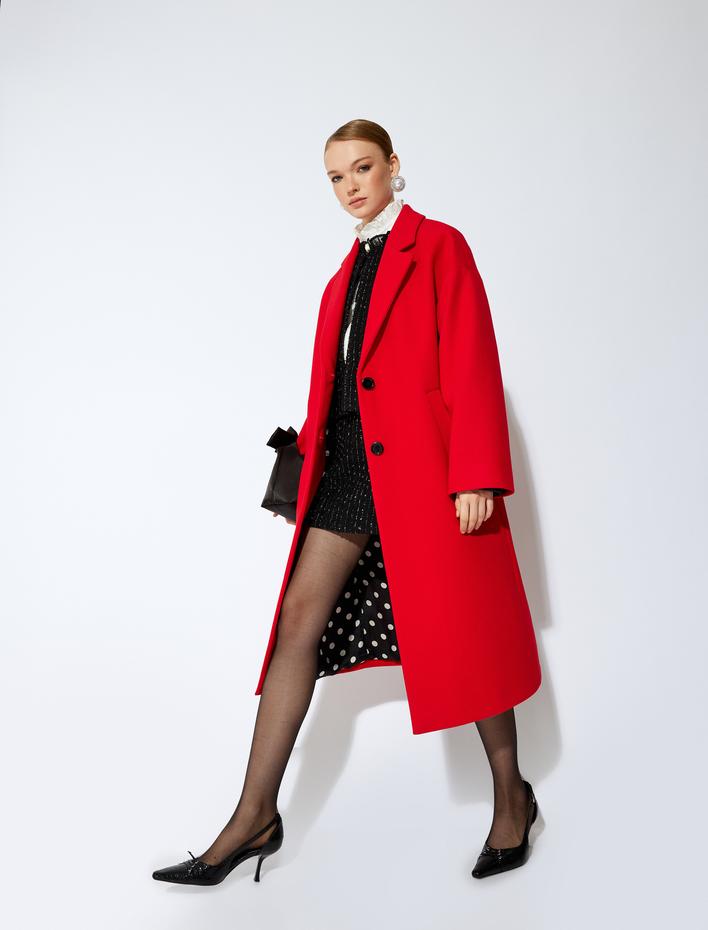  Koton X Sibil Çetinkaya - Puantiye Desenli Astarlı Cepli Kruvaze Uzun Kaban