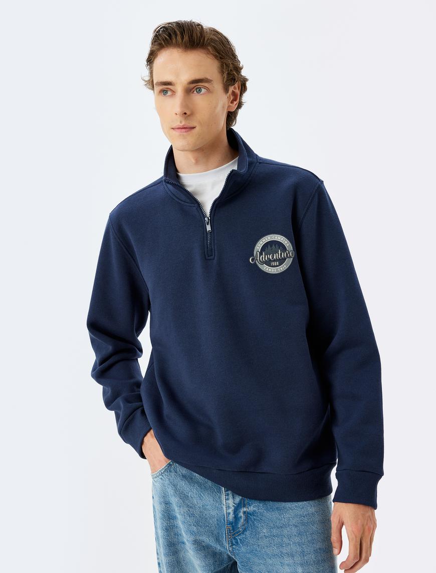   Uzun Kollu Şardonlu Pamuklu Yarım Fermuarlı Baskılı Sweatshirt