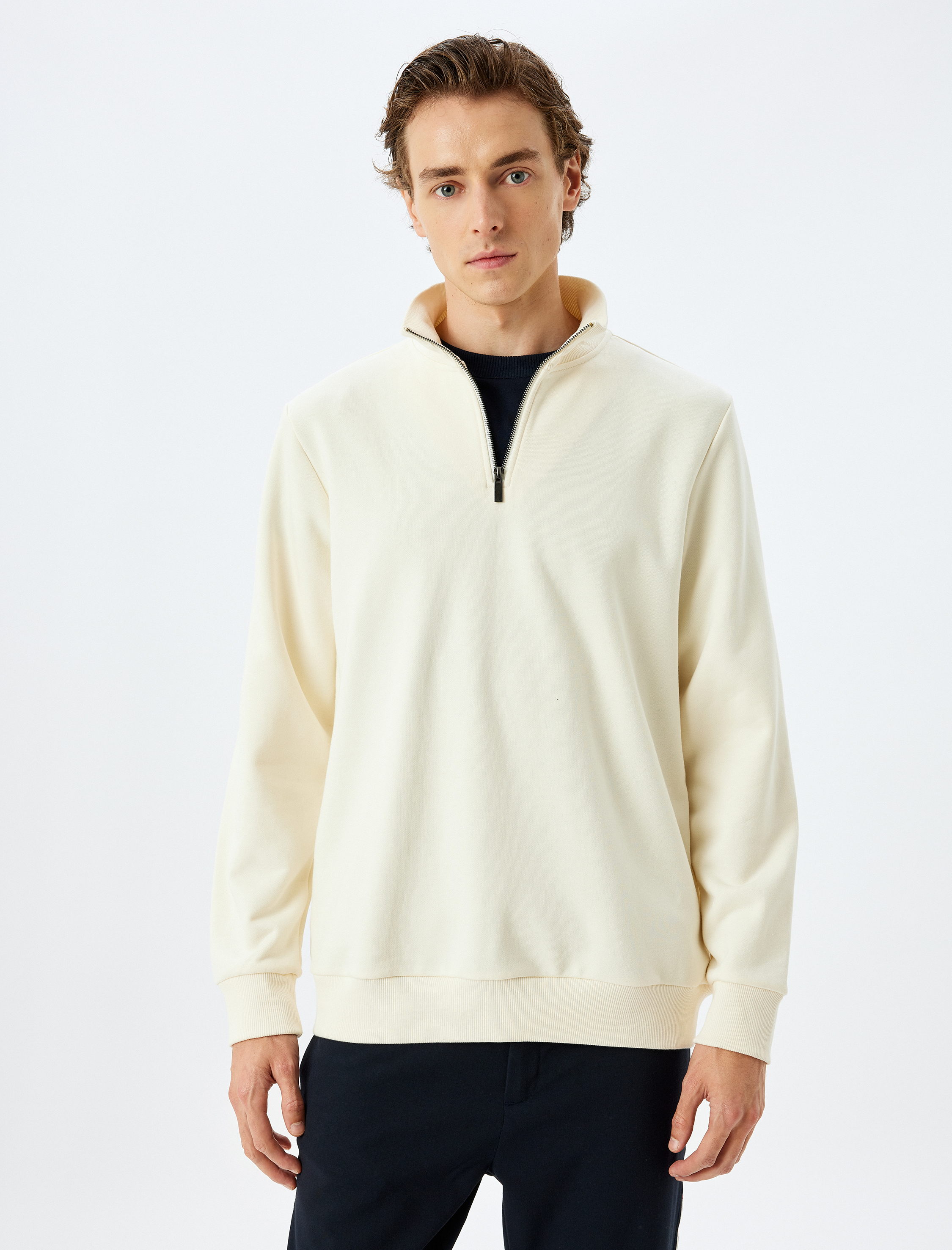   Yarım Fermuarlı Sweatshirt Uzun Kollu Pamuklu