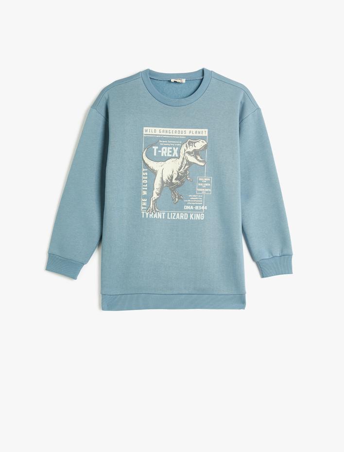 Erkek Çocuk Dinozorlu Sweatshirt Uzun Kollu Bisiklet Yaka Şardonlu