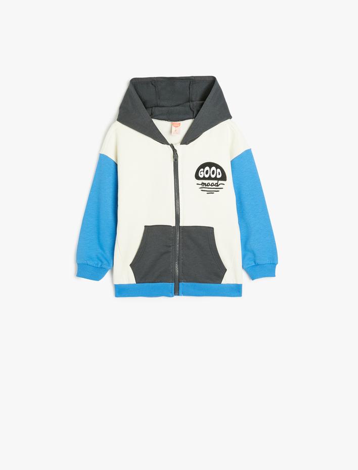 Erkek Bebek Fermuarlı Kapşonlu Sweatshirt Renk Bloklu Kanguru Cepli Pamuklu Şardonlu