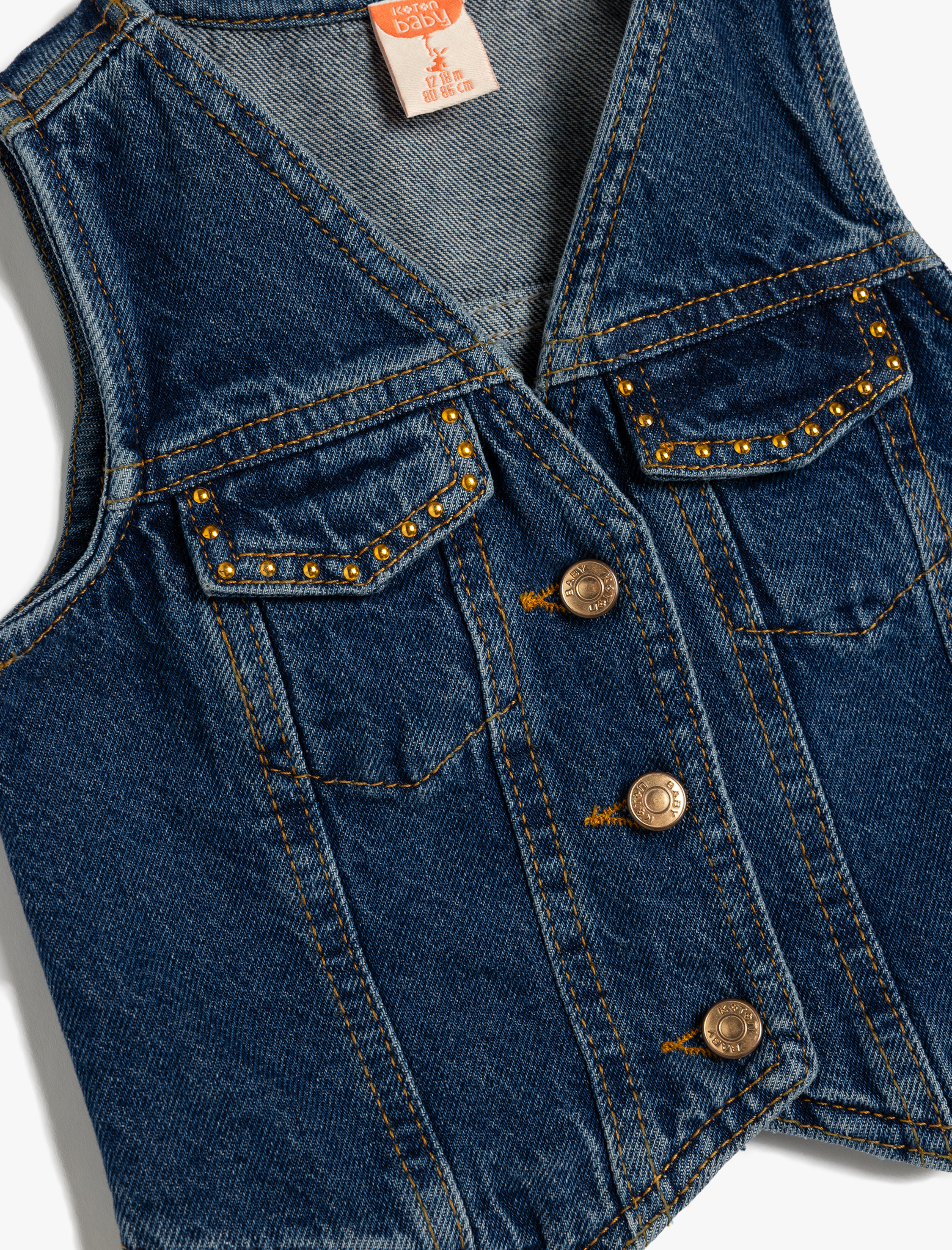  Kız Bebek Kot Yelek Kolsuz Kapaklı Cepli Taş Detaylı