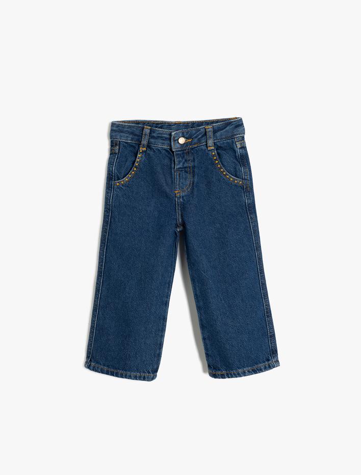 Kız Bebek Kot Pantolon Düz Paça Cepli Pamuklu- Straight Jean