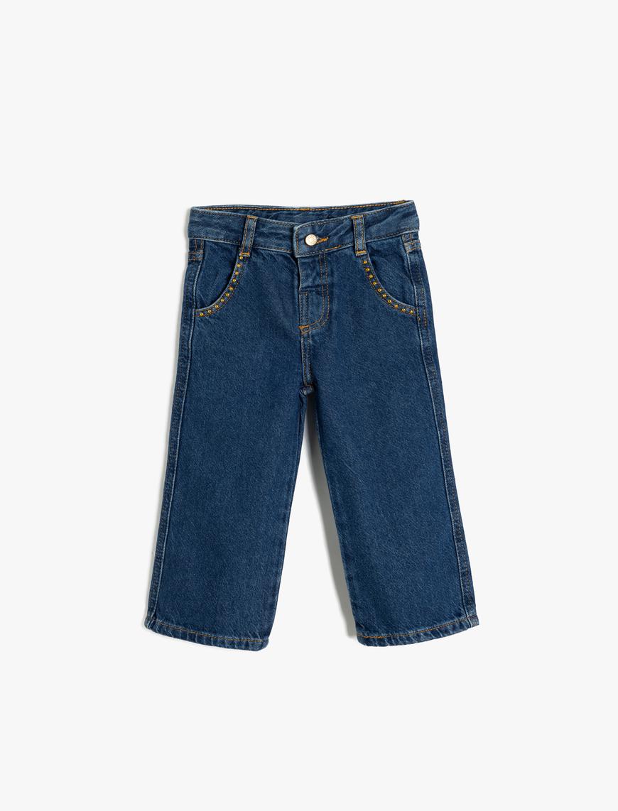  Kız Bebek Kot Pantolon Düz Paça Cepli Pamuklu- Straight Jean