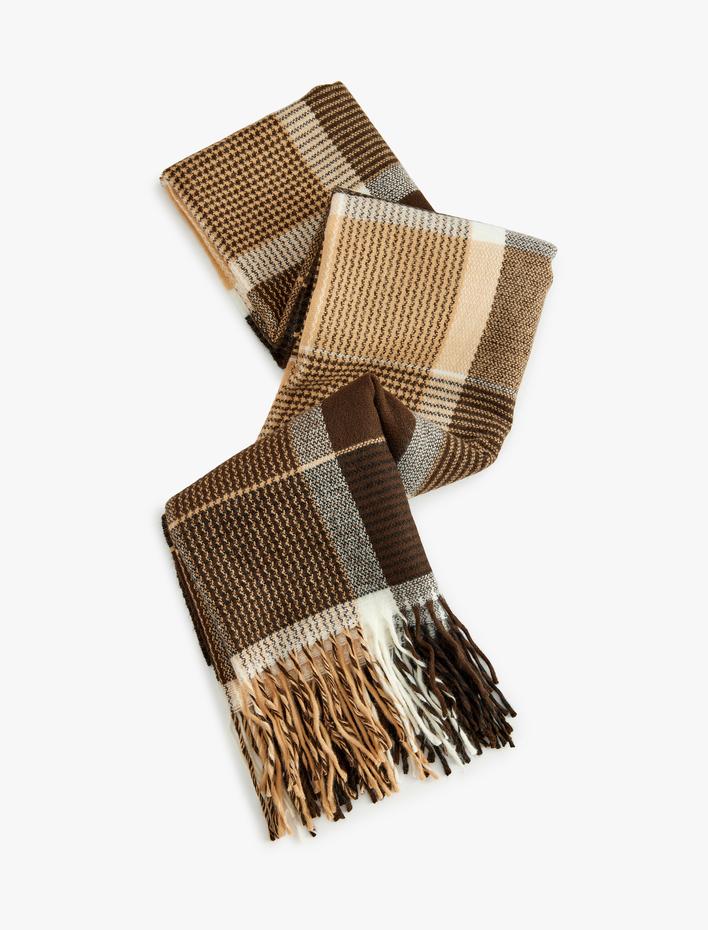 Kadın Püsküllü Ekoseli Uzun Atkı