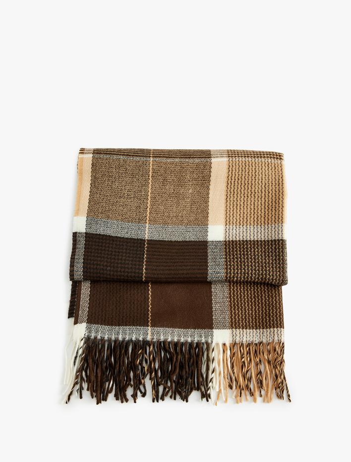 Kadın Püsküllü Ekoseli Uzun Atkı