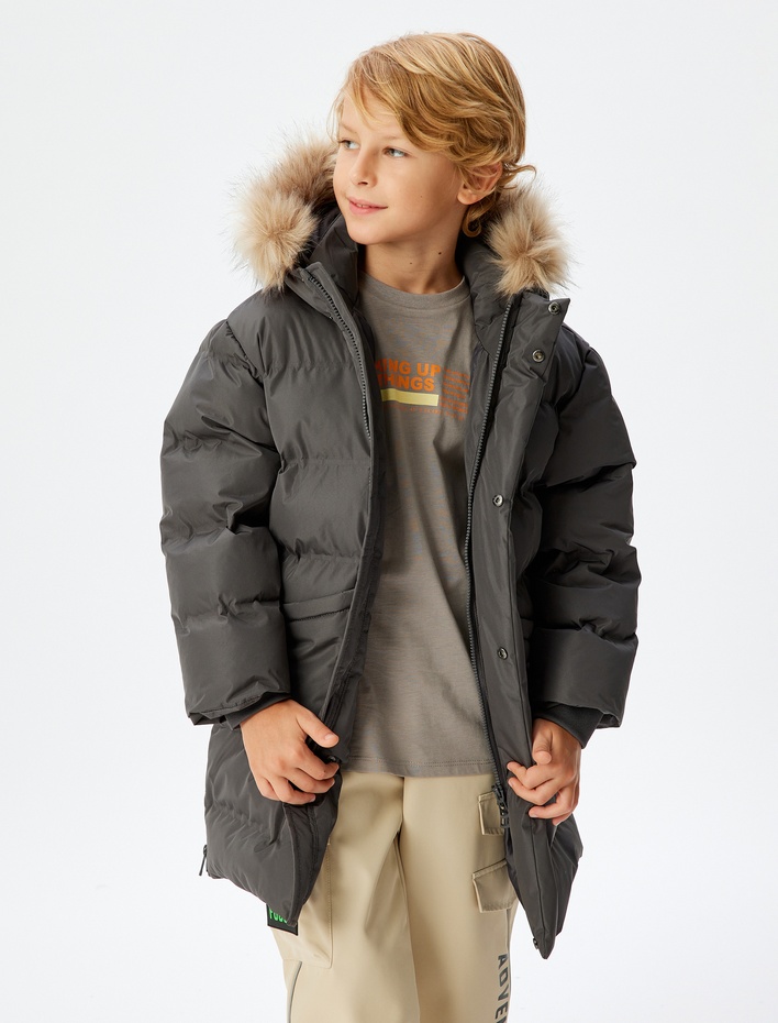 Erkek Çocuk Şişme Mont Kapşonlu Rüzgar Kapaklı Suni Kürk Detaylı Su İtici