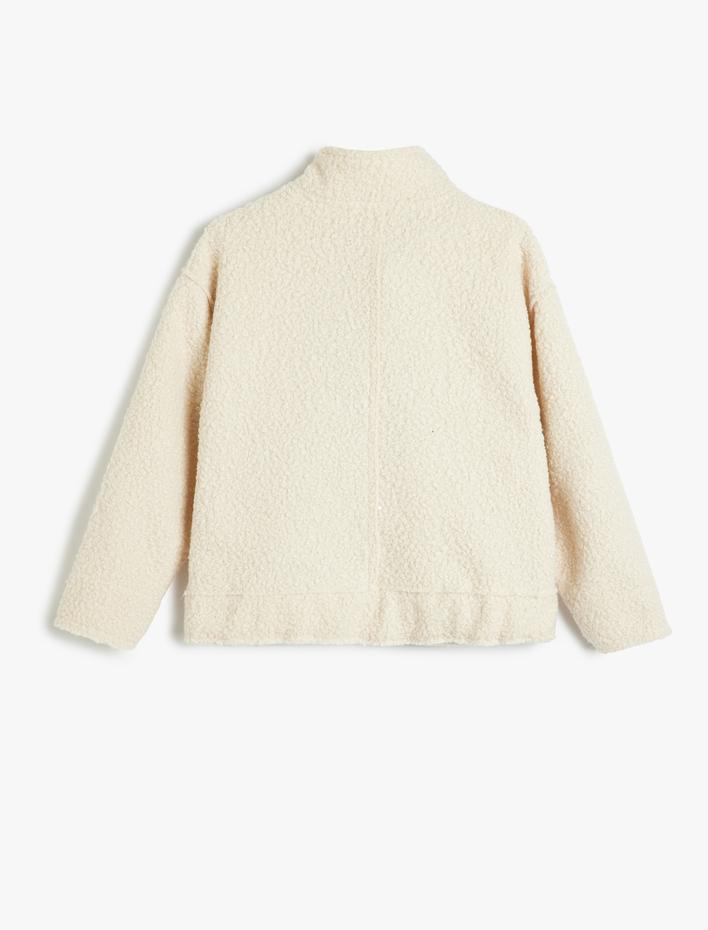 Kız Çocuk Peluş Ceket Dik Yaka Kapaklı Cep Detaylı Uzun Kollu