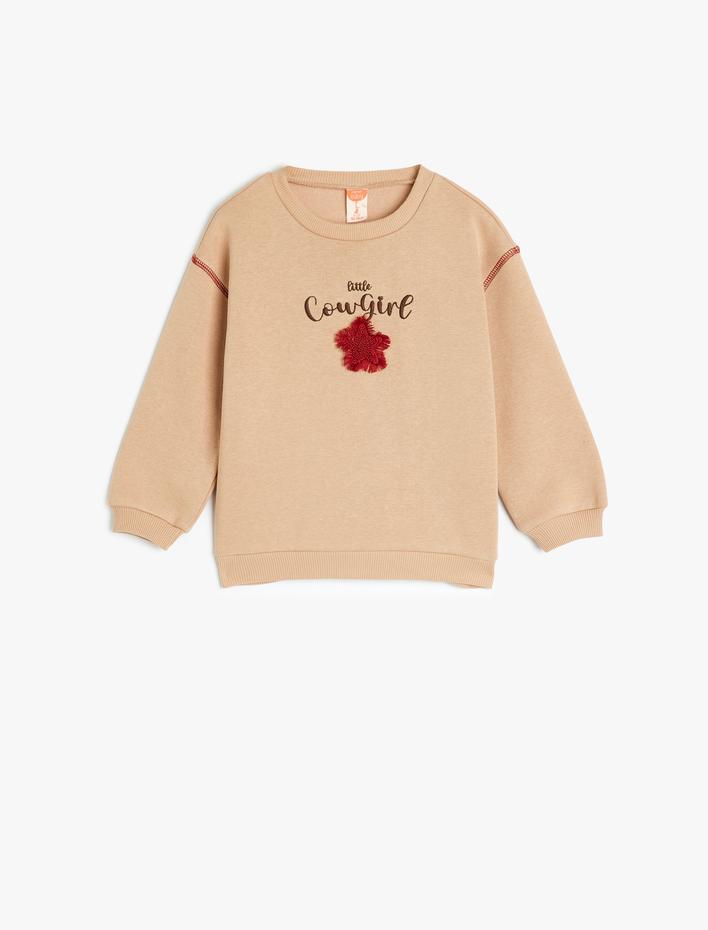 Kız Bebek Sweatshirt Uzun Kollu Bisiklet Yaka Aplike Detaylı Pamuklu Şardonlu