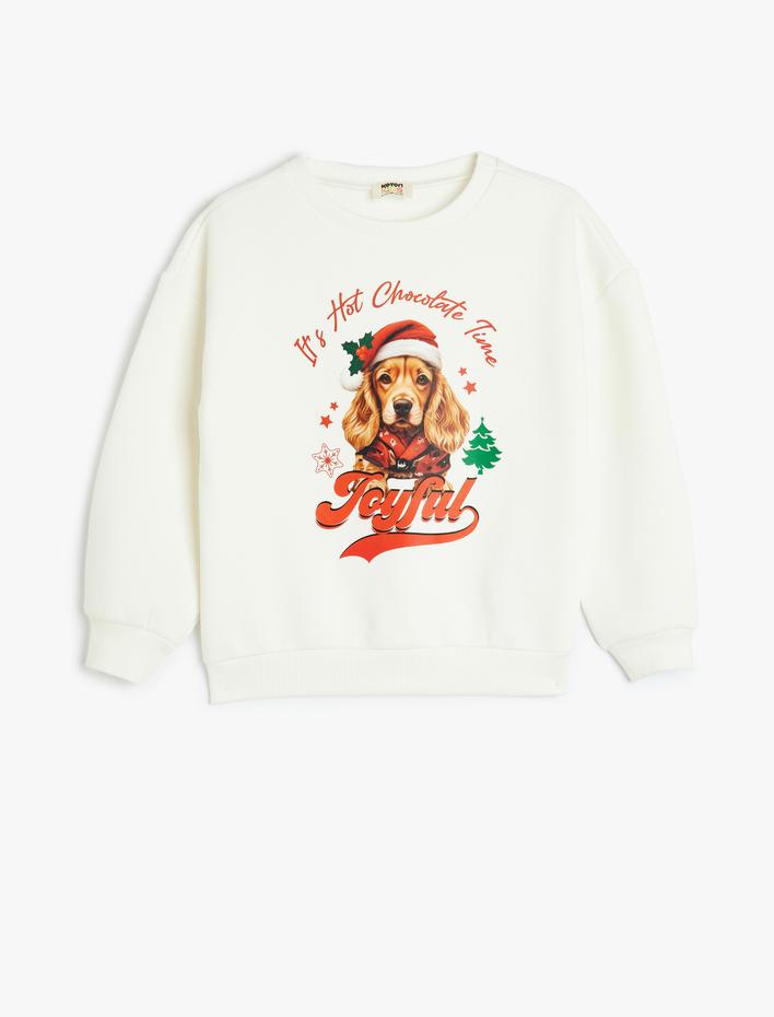 Kız Çocuk Yılbaşı Temalı Sweatshirt Uzun Kollu Köpek Baskılı Bisiklet Yaka Şardonlu