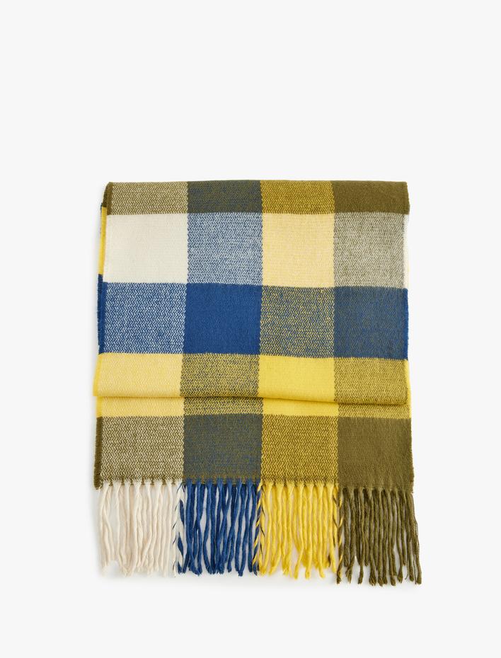 Kadın Püsküllü Ekoseli Uzun Atkı