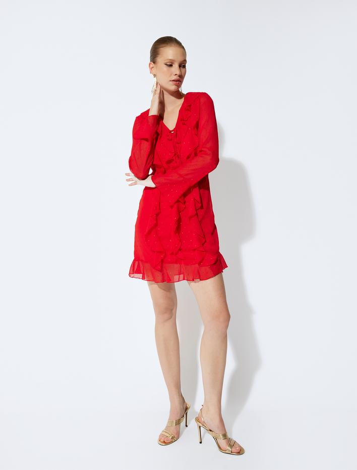  Mini Şifon Elbise Uzun Kollu Fırfır Detaylı Volanlı V Yaka