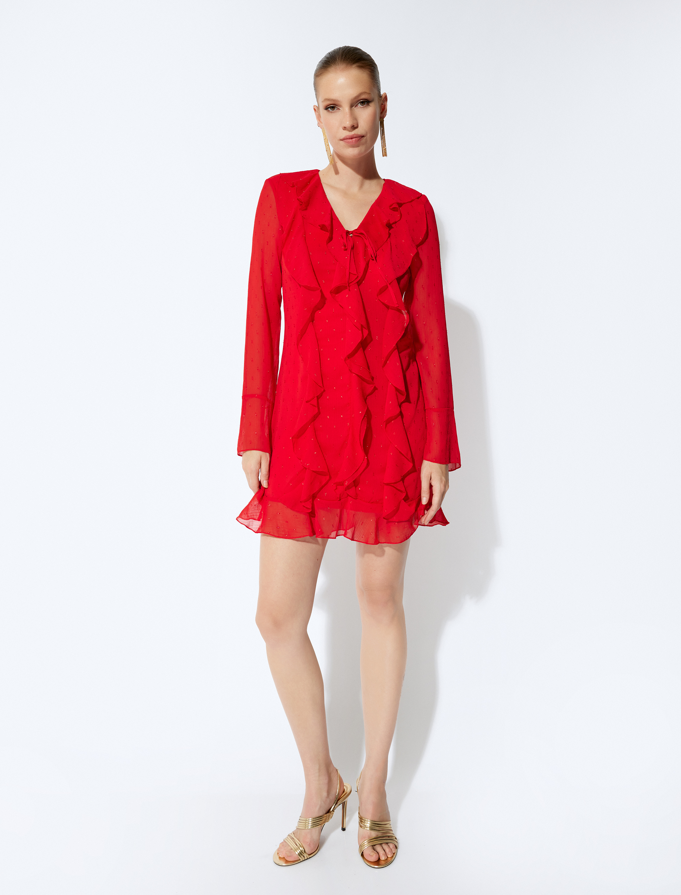   Mini Şifon Elbise Uzun Kollu Fırfır Detaylı Volanlı V Yaka