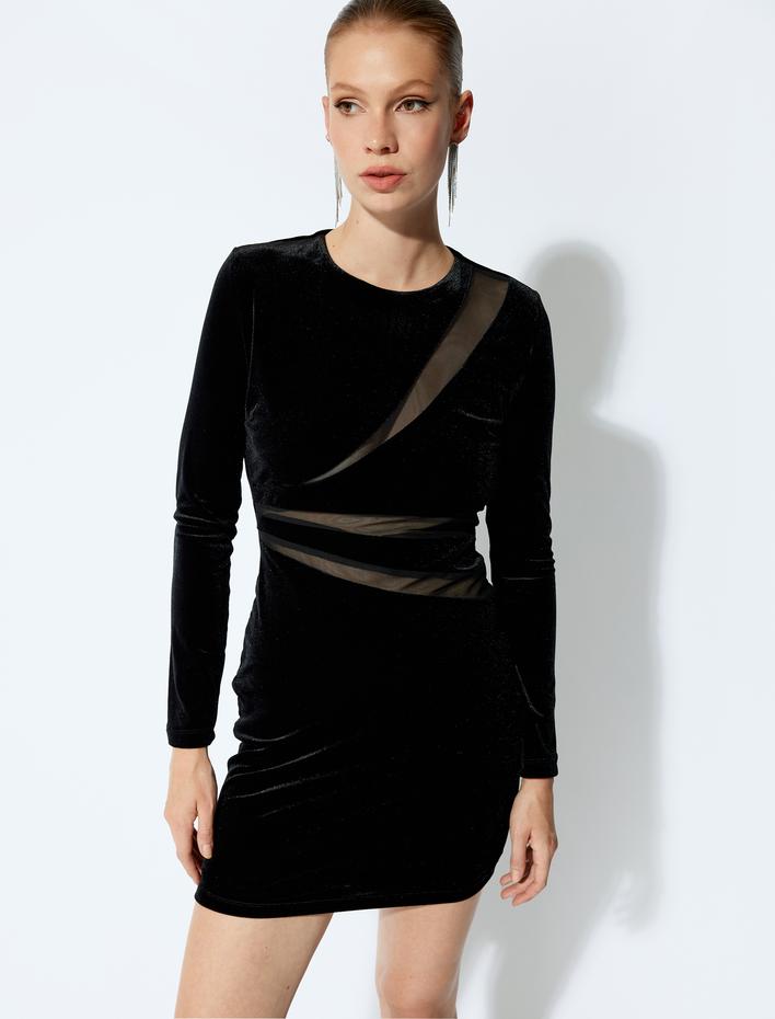  Kadife Tül Detaylı Uzun Kollu Mini Elbise