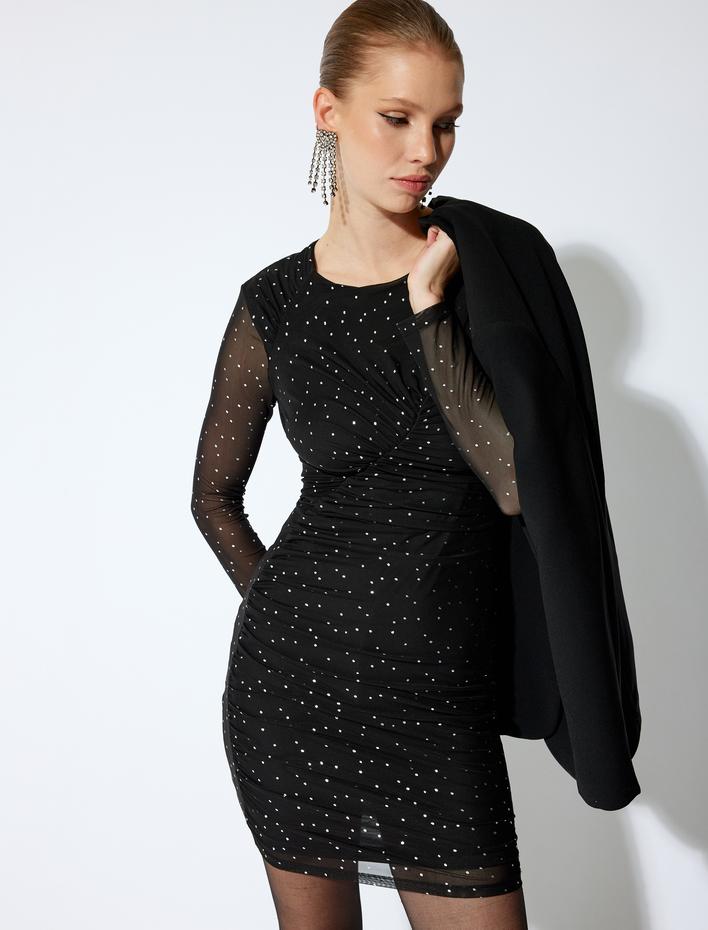  Mni Tül Elbise Puantiyeli Uzun Kollu Drapeli Bisiklet Yaka