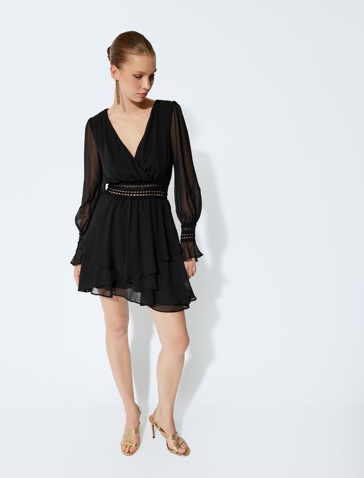  Tül Elbise Mini Volanlı Uzun Kollu V Yaka Beli Dantelli