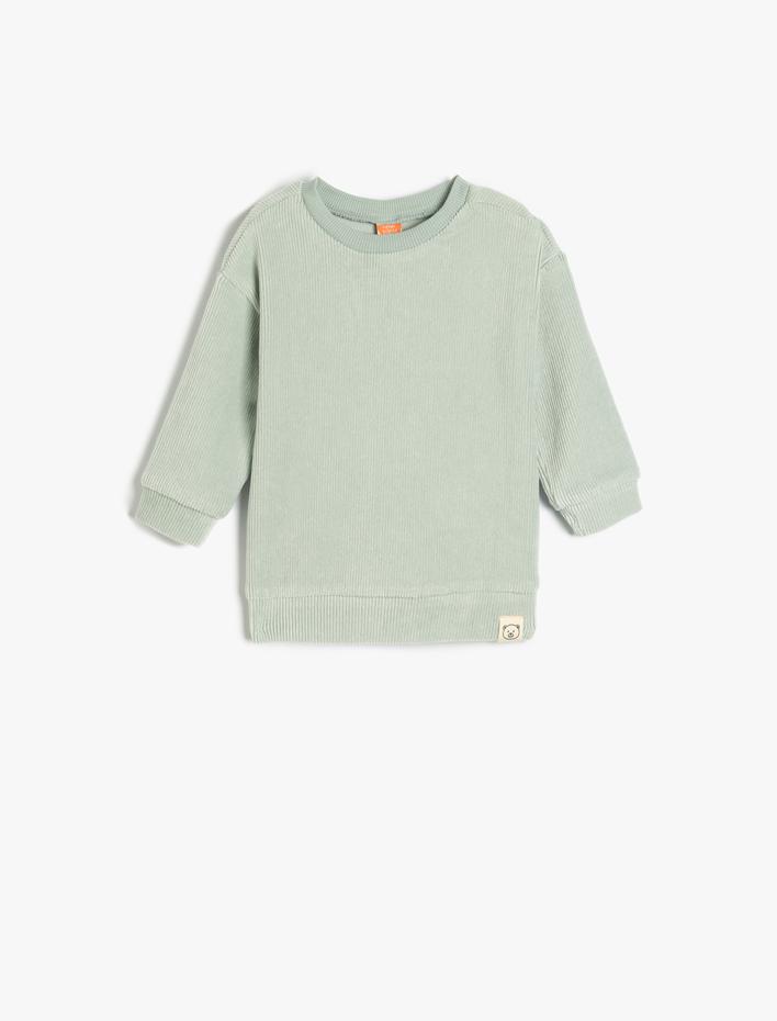 Erkek Bebek Basic Sweatshirt Bisiklet Yaka Ribanalı Uzun Kollu Bisiklet Yaka