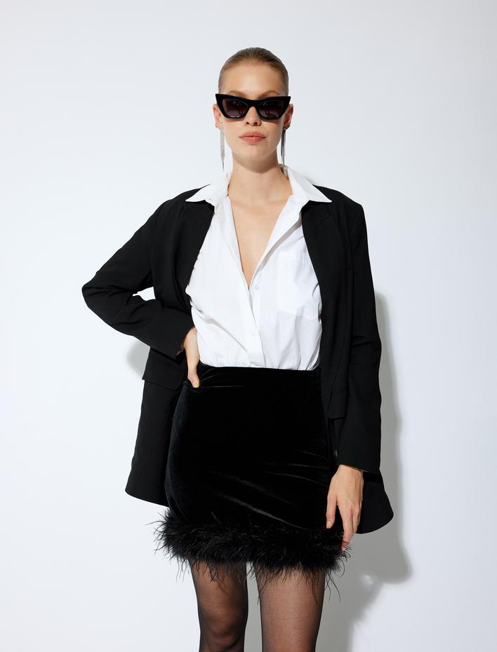  Mini Kadife Tüy Detaylı Slim Fit Etek