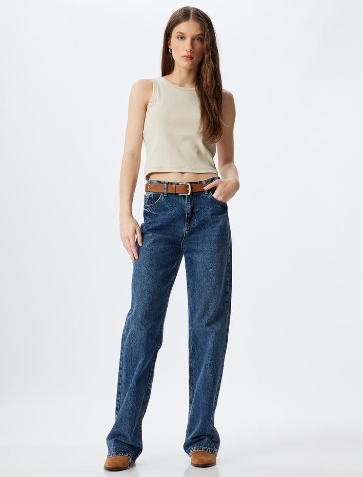  Basic Crop Atlet Bisiklet Yaka Fitilli Pamuklu Slim Fit